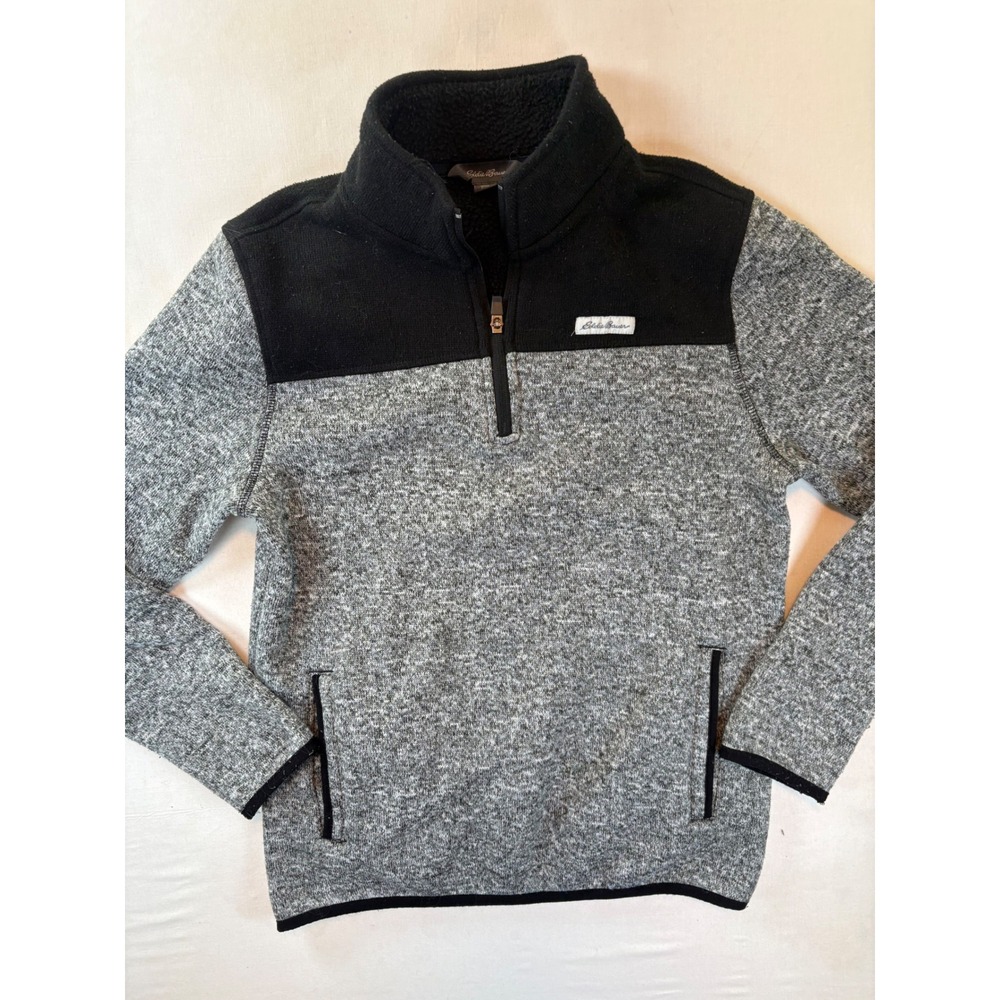 Eddie Bauer Mens Small Gray Black Marl Knit Quarter Zip Fleece Pullover Sweater